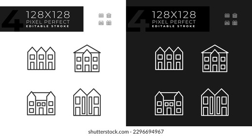 Luxury houses pixel perfect linear icons set for dark, light mode. Townhouse and mansion. Single family detached home. Thin line symbols for night, day theme. Isolated illustrations. Editable stroke