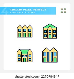 Luxury houses pixel perfect RGB color icons set. Townhouse and mansion. Single family detached home. Isolated vector illustrations. Simple filled line drawings collection. Editable stroke