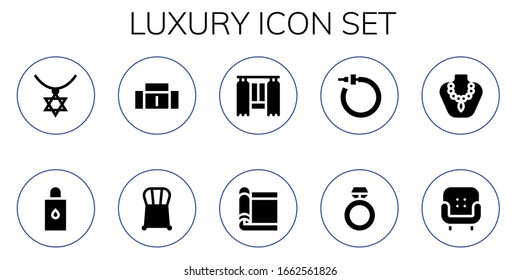 luxury icon set. 10 filled luxury icons.  Simple modern icons such as: Necklace, Body oil, Sofa, Chair, Curtain, Carpet, Earrings, Ring, Armchair