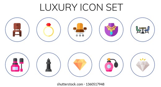 luxury icon set. 10 flat luxury icons.  Simple modern icons about  - chair, nail polish, ring, king, diamond, necklace, perfume