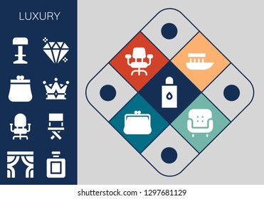  luxury icon set. 13 filled luxury icons. Simple modern icons about  - Body oil, Curtains, Fragance, Chair, Purse, Crown, Stool, Gem, Boat, Desk chair, Armchair