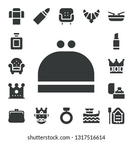 luxury icon set. 17 filled luxury icons.  Collection Of - Sofa, Fragance, Armchair, Purse, Crown, Lipstick, Ring, King, Jewel, Boat