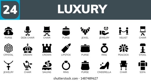 luxury icon set. 24 filled luxury icons.  Collection Of - Purse, Desk chair, Chair, Jewel, Jewelry, Velvet, Crystal, Crown, Lipstick, Ring, Peacock, Stool, Sailing, Cinderella