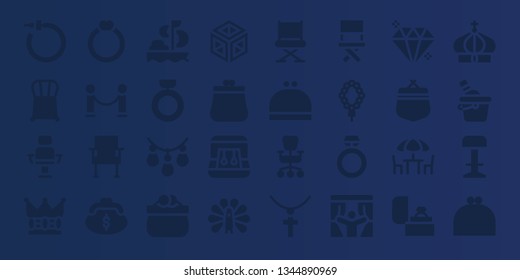 luxury icon set. 32 filled luxury icons. on blue background style Collection Of - Earrings, Chair, Armchair, Crown, Ring, Velvet, Purse, Sailing, Necklace, Crystal, Peacock, Office chair
