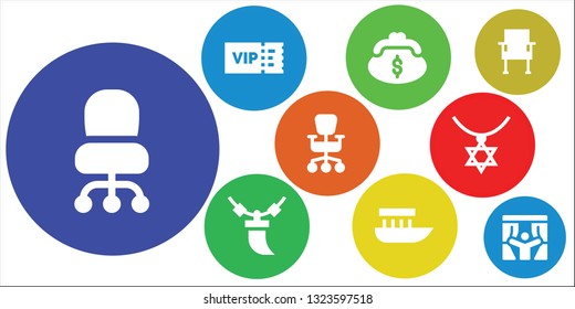 luxury icon set. 9 filled luxury icons.  Simple modern icons about  - Desk chair, Vip, Purse, Necklace, Boat, Office chair, Chair, Curtains