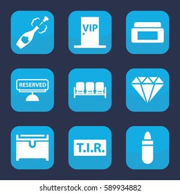 luxury icon. Set of 9 filled luxury icons such as sofa, cream box, lipstick, chest, TIR, champagne, reserved, vip door