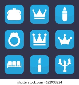 Luxury icon. set of 9 filled luxury icons such as sofa, lipstick, Crown, candlestick, ring, crown