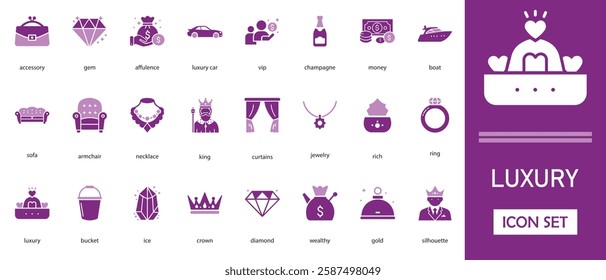 Luxury icon set. with boat, sofa, armchair, necklace, king and more icons. vector icon collection. solid illustration. 