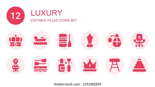 luxury icon set. Collection of 12 filled luxury icons included Crown, Boating, Boat, Queen, Perfume, Desk chair, Nail polish, Stool, Rings