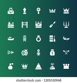 luxury icon set. Collection of 25 filled luxury icons included Crown, Diamond, Rings, Perfume, Folding chair, Purse, Desk chair, Brooch, Earrings, Boat, Ring, Chair, Candelabra