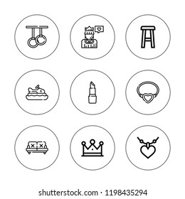 Luxury icon set. collection of 9 outline luxury icons with boat, crown, lipstick, necklace, pendant, princess, rings, stool icons. editable icons.
