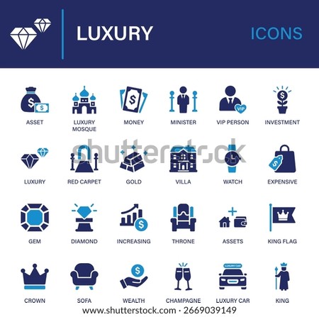 Luxury icon set collection. Asset, mosque, money, minister, vip person, investment, red carpet, gold, villa, watch, expensive and best solid icon set.