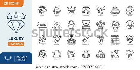 Luxury icon set. Contain icons related to Luxury, diamond, rich, gem, jewelry, gold, assets, expensive, VIP, wealth, and more. Editable stroke. Vector illustration