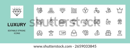 Luxury icon set. Containing diamond, rich, gem, gold, assets, expensive, jewelry, VIP, wealth and money icons. Solid icon collection. Editable stroke. Vector illustration 