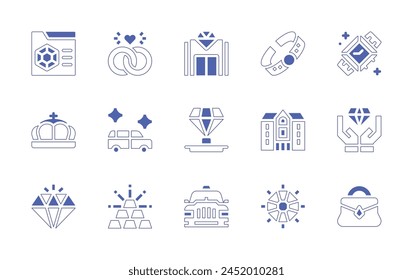 Luxury icon set. Duotone style line stroke and bold. Vector illustration. Containing diamond, handbag, mansion, limousine, taxi, crown, quality, luxury shop, luxury, bracelet, marriage, gold ingots.