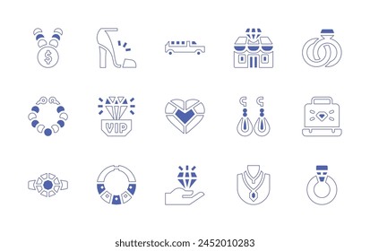 Luxury icon set. Duotone style line stroke and bold. Vector illustration. Containing necklace, limousine, high heel, engagement ring, value, gem, jewelry, jewelry store, diamond ring, earrings.