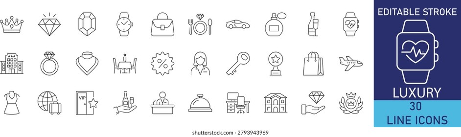 Luxury icon set. Minimalistic linear icons representing premium quality, elegance, wealth, VIP service, and boutique lifestyle.