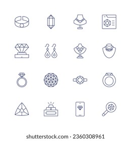 Juego de iconos de lujo. Icono de línea delgada. Trazo editable. Consta de pulsera, cristal, diamante, aretes, anillo de compromiso, gema, gemas, lingotes de oro, joyería, lujosa tienda, lujosa lupa, collar, anillo.