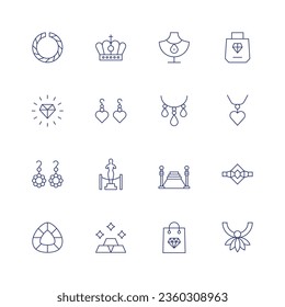 Luxus-Icon-Set. Dünne Linie Symbol. Bearbeitbarer Strich. Mit Armband, Krone, Diamant, Ohrring, Ohrringe, Zaun, Edelsteine, Goldbarren, Schmuck, Luxusladen, Halskette, roter Teppich, Ring, Einkaufstasche.