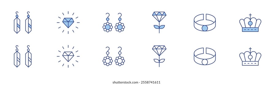 Luxury icon set in two styles, Duotone and Thin Line style. Editable stroke. earrings, excellence, bracelet, crown, diamond.