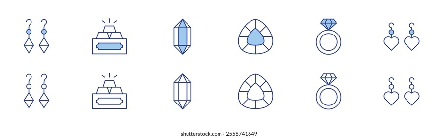 Luxury icon set in two styles, Duotone and Thin Line style. Editable stroke. earrings, gold ingots, crystal, gems, engagement ring, earring.