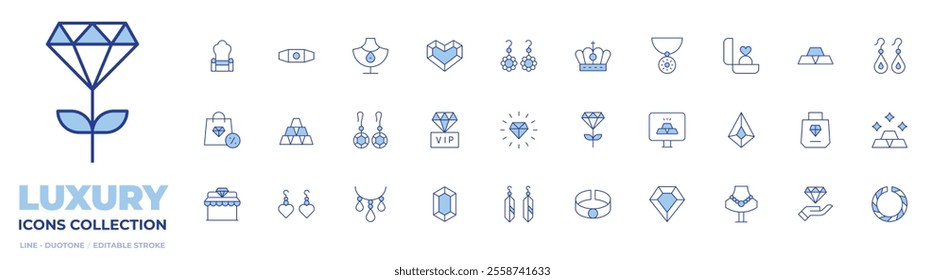 Luxury icons collection. Line Duotone style, editable stroke. earrings, excellence, gems, gold, luxury, value, gem, jewelry, vip, bracelet, luxury shop, necklace, gold bars, diamond, earring.