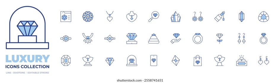 Luxury icons collection. Line Duotone style, editable stroke. diamond, earrings, excellence, value, gold ingots, smartphone, necklace, shopping bag, ring, jewel, gems.