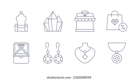 Luxussymbole. bearbeitbarer Strich. Sessel, Kristalle, Diamantring, Ohrringe, Schmuck, Luxus, Halskette, Anhänger.