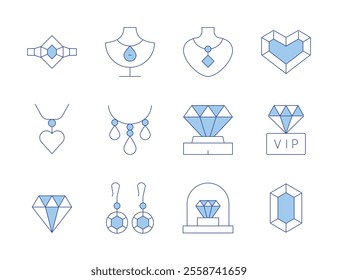 Luxury icons. Line Duotone style, editable stroke. diamond, earrings, gem, necklace, vip, jewelry, ring.