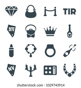 Luxury icons. set of 16 editable filled luxury icons such as lipstick, necklace, crown, diamond, vegas, bag, champagne bottle with heart, champagne, candlestick, red carpet
