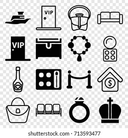 Luxury icons set. set of 16 luxury filled and outline icons such as necklace, eyeshadow palette, chest, ship, vip door, red carpet, ring, crown, sofa, woman bag, bag