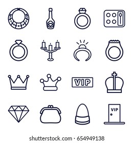 Luxury icons set. set of 16 luxury outline icons such as vip, ring, eyeshadow palette, diamond, bag, champagne bottle with heart, crown, candlestick, vip door, purse