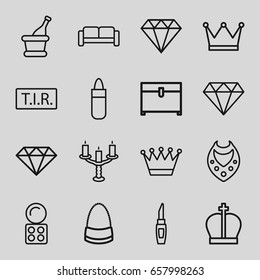 Luxury icons set. set of 16 luxury outline icons such as sofa, lipstick, eyeshadow palette, crown, diamond, necklace, chest, bag, tir, champagne, candlestick