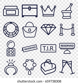 Luxury icons set. set of 16 luxury outline icons such as cream box, ring, necklace, woman bag, eyeshadow palette, chest, tir, wine glass, ring in box, champagne, reserved