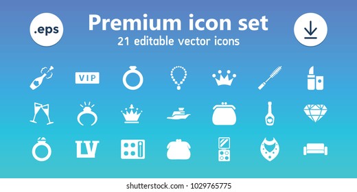 Luxury icons. set of 21 editable filled luxury icons includes vip, ring, eyeshadow palette, necklace, purse, champagne bottle with heart, wine glass, champagne, ship, sofa