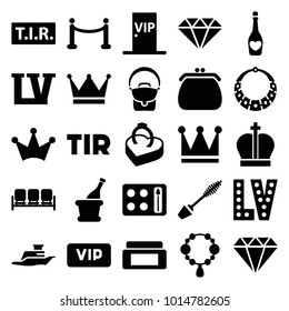Luxury icons. set of 25 editable filled luxury icons such as sofa, cream box, mascara, necklace, crown, vegas, gem, tir, ring in box, champagne, ship, vip door, red carpet