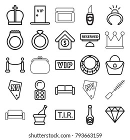Luxury icons. set of 25 editable outline luxury icons such as sofa, vip, ring, woman bag, eyeshadow palette, vegas, gem, tir, champagne bottle with heart, champagne