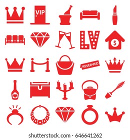 Luxury icons set. set of 25 luxury filled icons such as sofa, mascara, ring, woman bag, crown, diamond, lipstick, crown, vegas, chest, bag, champagne bottle with heart