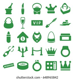 Luxury icons set. set of 25 luxury filled icons such as vip, cream box, lipstick, mascara, eyeshadow palette, crown, necklace, crown, bag, wine glass, ring in box, champagne