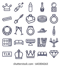 Luxury icons set. set of 25 luxury outline icons such as sofa, lipstick, mascara, eyeshadow palette, diamond, crown, vegas, tir, champagne bottle with heart, wine glass