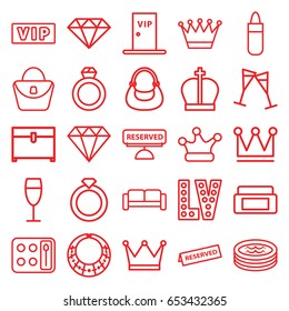 Luxury icons set. set of 25 luxury outline icons such as sofa, vip, cream box, lipstick, woman bag, eyeshadow palette, crown, crown, vegas, chest, bag, wine glass, jacuzzi