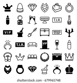 Luxury icons set. set of 36 luxury filled and outline icons such as vip, lipstick, ring, eyeshadow palette, necklace, chest, tir, wine glass, champagne, crown, candlestick