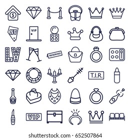 Luxury icons set. set of 36 luxury outline icons such as sofa, vip, lipstick, mascara, ring, woman bag, eyeshadow palette, crown, diamond, necklace, crown, vegas, chest, bag
