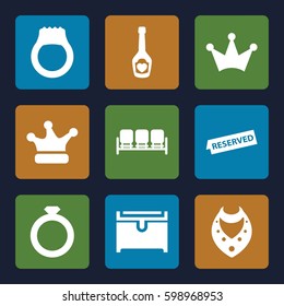 luxury icons set. Set of 9 luxury filled icons such as sofa, necklace, Crown, chest, champagne bottle with heart, crown, reserved 