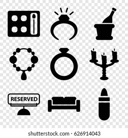 Luxury icons set. set of 9 luxury filled icons such as sofa, lipstick, ring, necklace, eyeshadow palette, champagne, reserved