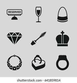Luxury icons set. set of 9 luxury filled icons such as mascara, diamond, bag, wine glass, ring in box, reserved, ring, necklace