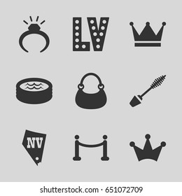 Luxury icons set. set of 9 luxury filled icons such as mascara, ring, crown, vegas, bag, jacuzzi, red carpet