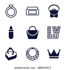Luxury icons set. set of 9 luxury filled and outline icons such as lipstick, woman bag, bag, ring in box, crown, cream box, vegas, necklace