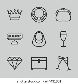 Luxury icons set. set of 9 luxury outline icons such as crown, chest, bag, wine glass, reserved, purse, necklace