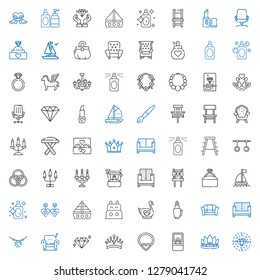 luxury icons set. Collection of luxury with diamond, crown, engagement ring, necklace, armchair, sofa, fountain pen, swan, boat, earrings. Editable and scalable luxury icons.